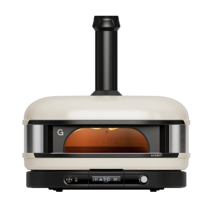 White Gozney Dome XL Gen 2 pizza oven with black chimney on a white background