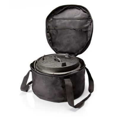 Black carrying bag with a lid open, containing a round metal object on a white background