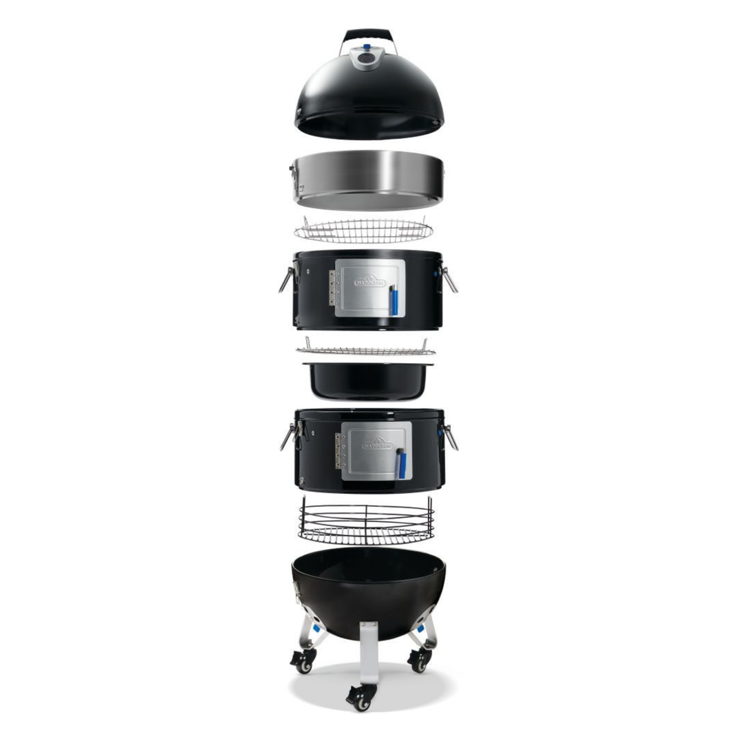 An exploded view diagram of a black and stainless steel outdoor grill, showing all its components stacked vertically on a white background.