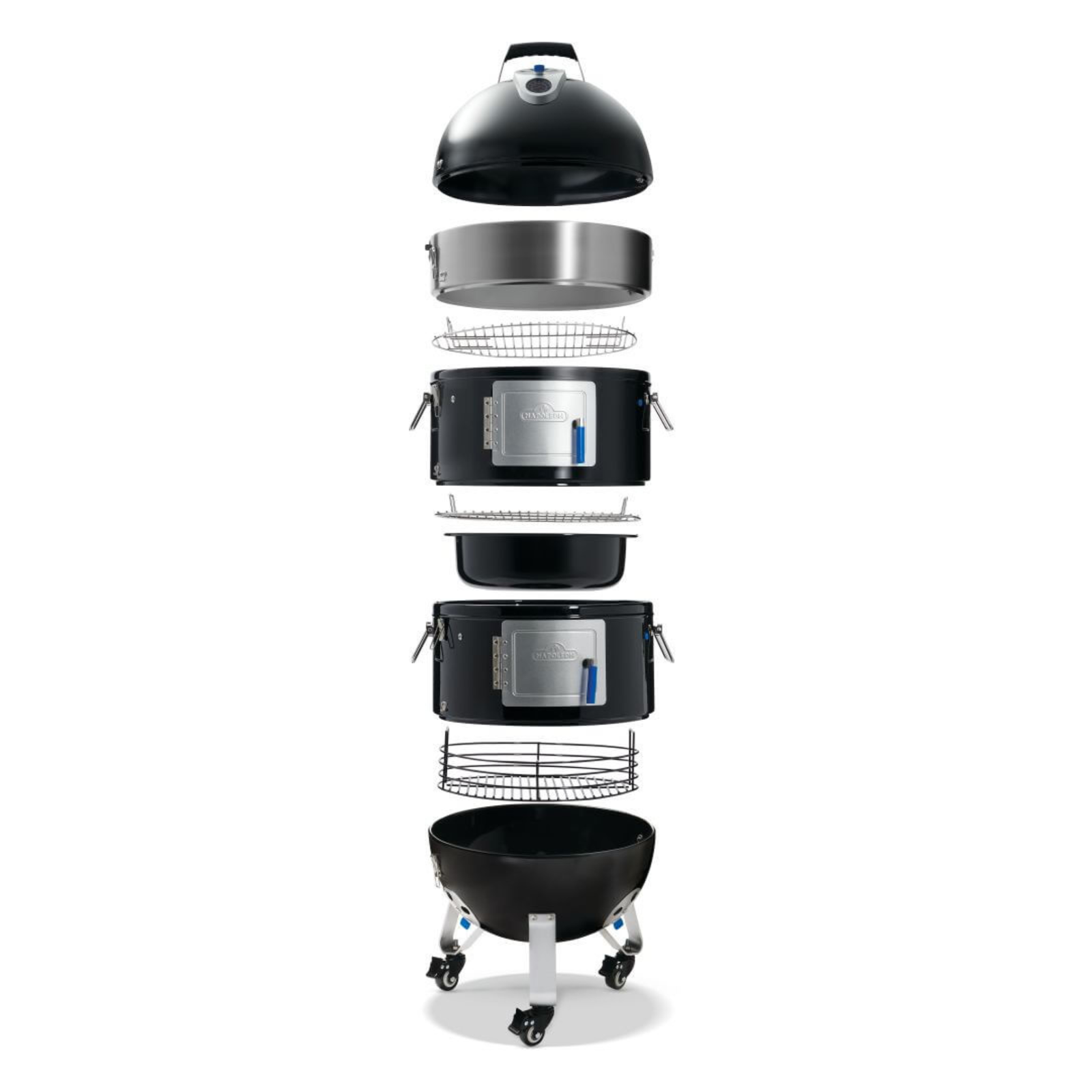 An exploded view diagram of a black and stainless steel outdoor grill, showing all its components stacked vertically on a white background.