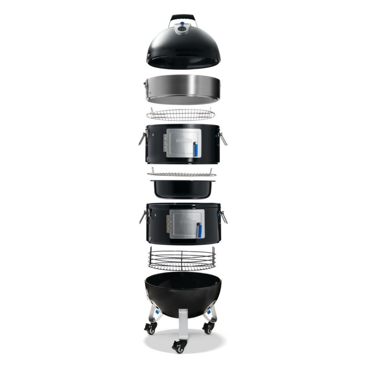 An exploded view diagram of a black and stainless steel outdoor grill, showing all its components stacked vertically on a white background.