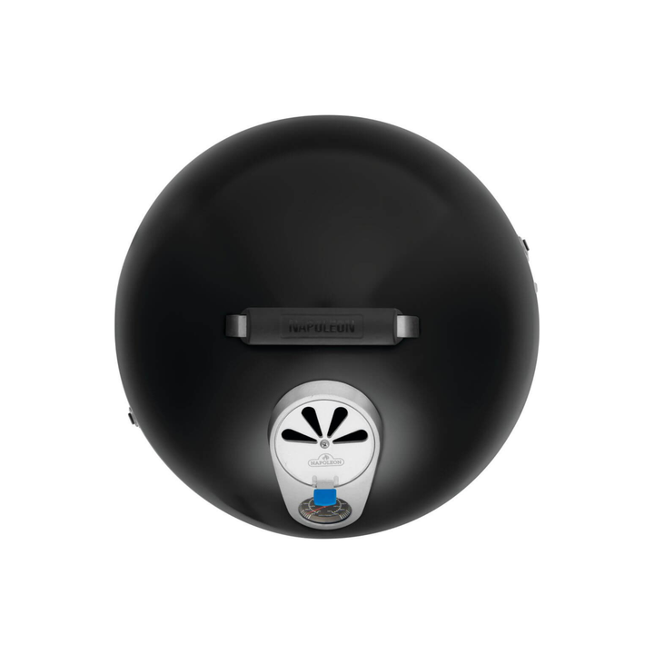 Top-down view of a black round grill lid with a silver vent and a small blue control knob, isolated on a white background.