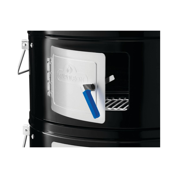 A close-up of a black cylindrical smoker or grill with a white door and a blue handle, shown against a plain white background.